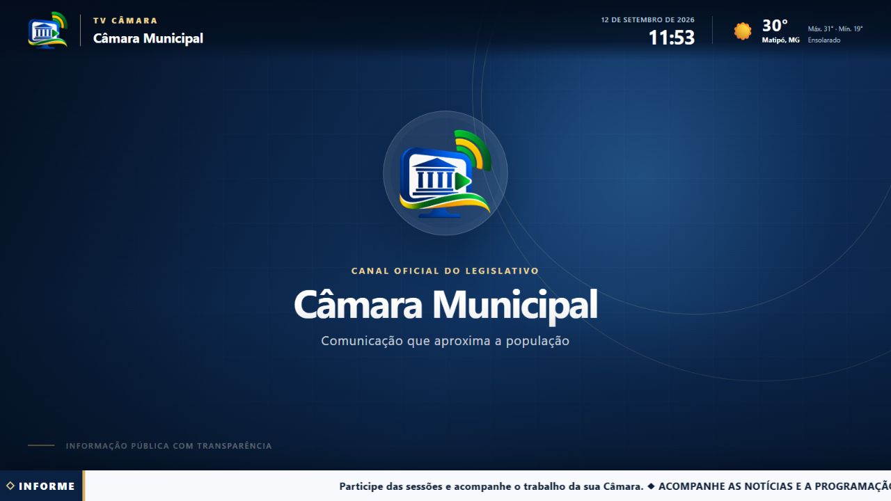 Tela real da TV com identidade institucional, clima e notícias